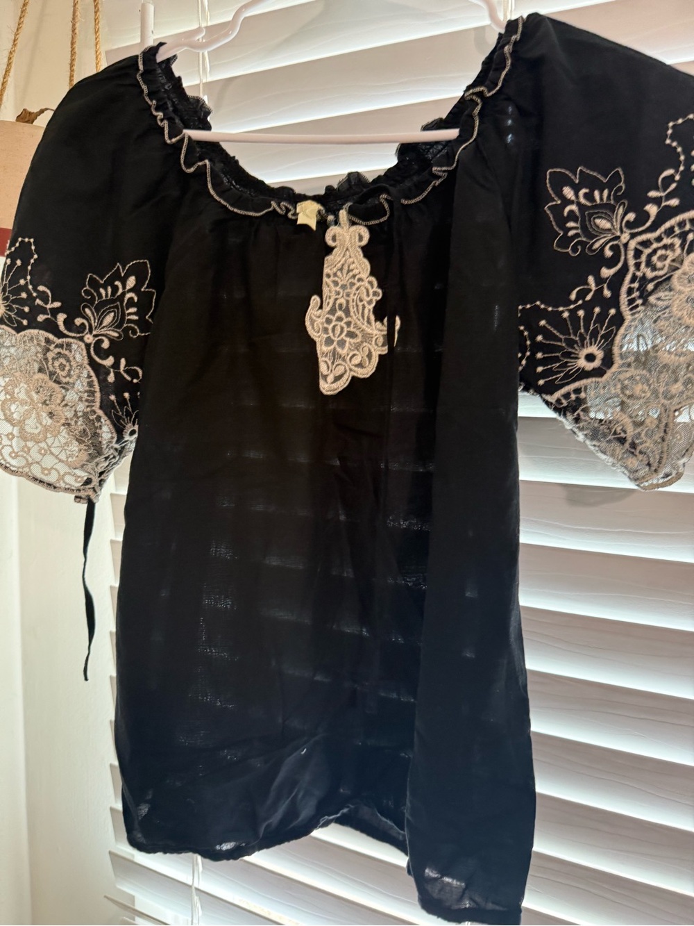 Black Peasant Blouse with White Lace Embroidery